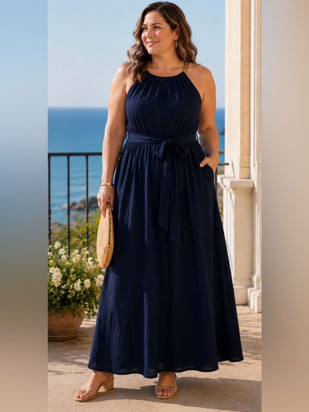 NWT Talbots Navy Cotton Maxi Dress Gold Chain Straps Tie Waist Size 16